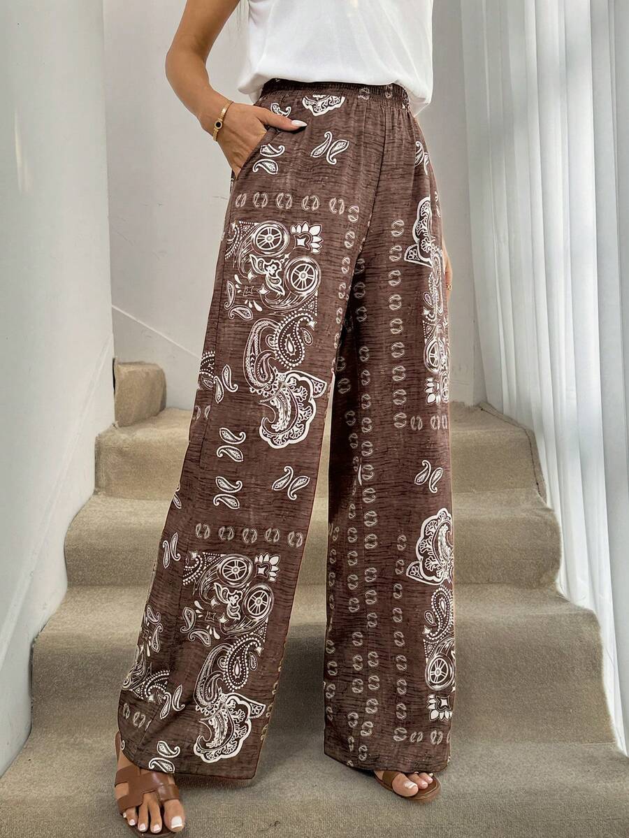 SHEIN Tall CURVE Quần dài ống đứng in họa tiết cỡ lớn dành cho nữ, thích hợp cho kỳ nghỉ, du lịch, lễ hội âm nhạc, trang phục thường ngày, kỳ nghỉ xuân/hè/phong cách bohemian/quần ống rộng bohemian gợi cảm, quần ống rộng nữ, trang phục mùa xuân cho nữ, quần phong cách bohemian, trang phục đi biển lễ Phục sinh, trang phục đi nghỉ mát cho nữ. - Nhiều màu - Xem 1
