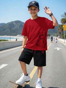 SHEIN 2件/套 青少年男童休閒可愛卡通熊印花短袖T恤與黑色短褲套裝，舒適百搭，適合日常穿著、上學、外出、戶外運動、音樂節、假期、海邊度假、夏季 - 紅色 - 查看 8