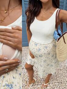 SHEIN Đầm bầu dáng rộng, họa tiết hoa nhí, không tay. - trắng - Xem 3