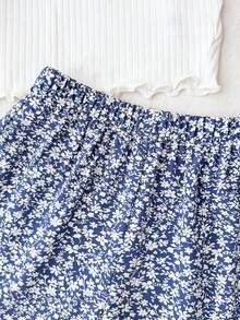 SHEIN 青少年女孩可愛夏季白色羅紋T恤與海軍藍碎花短褲2件套，休閒度假海灘郵輪穿搭，2件組 - 藍白色 - 查看 5