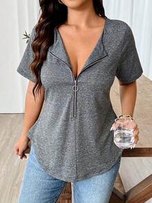 Weeklong Camiseta ajustada de manga corta con cuello en V con cremallera y unicolor para mujer de talla grande, blusas para salir en verano - Gris Oscuro - Ver 3