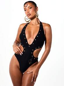 BABYPHAT Plunge Neck Cut Out One Piece Swimsuit With Gold Eyelet Detail And Halter Tie Back - Black - View 4