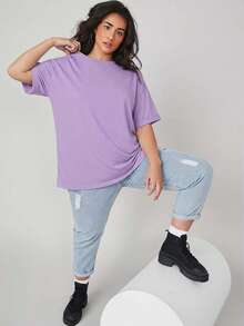 SHEIN BASICS 大码女式纯色圆领短袖休闲宽松T恤 - 紫色 - 查看 4