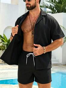 Azuldrift Men's Solid Color Shirt And Shorts Black Summer Casual Tropical Beach Vacation Set Matching Swimwear For Couples Hawaii Outfits Pool Suit - Black - View 6