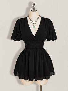 SHEIN ICON 女款夏季黑色極簡純色V領荷葉袖收腰迷你洋裝 - 黑色 - 查看 6