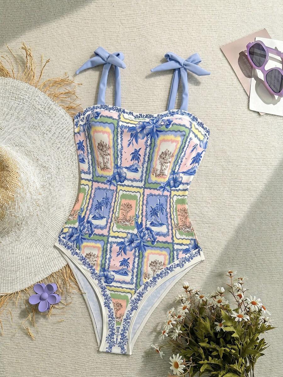 SHEIN Tween Girl Floral Print Twist Shoulder Strap One-Piece Swimsuit, Suitable For Beach Vacation, Pool Party, Beach Party - Blue - View 1