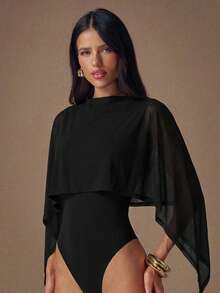 SHEIN BAE Women's Oblique Shoulder Ruffled Layered Chiffon Blouse, Elegant Blouse, Minimalist Fashion Blouse - Black - View 3