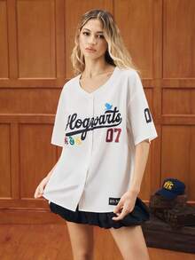 HARRY POTTER X SHEIN Women's Letter Pattern Short Sleeve Shirt, - White - View 4