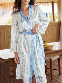 Lullawish Bata de satén con estampado floral y de rayas en estilo bohemio con mangas acampanadas de color contrastante para mujeres - Multicolor - Ver 1