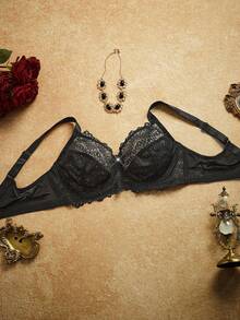 PinupPomp 1 Peça Sutiã de Lingerie com Armação e Recortes em Renda Plus Size, Sustentação - Preto - Visão 3
