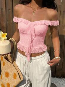 Aloruh Women's Solid Color Off Shoulder Fitted Ruffle Lace Blouse, Summer Vacation Light Pink Cute - Baby Pink - View 3