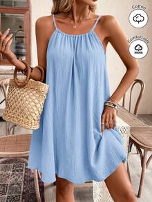 SHEIN Frenchy 夏季女士吊带波西米亚风连衣裙，必备单品，夏季穿搭，婚礼季必备，田园风抽绳连衣裙，女士棉质连衣裙 - 淺藍色 - 查看 2