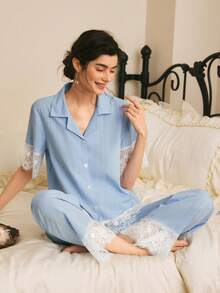 Côtesoire Women's Contrast Color Lace Patchwork Short Sleeve & Long Pants Striped Textured Woven Pajama Set - Blue - View 5