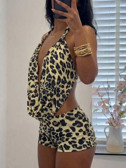 SHEIN SXY Sexy Animal Print Halter Top & Super Short Shorts Multi-Color Set