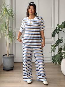 SHEIN EZwear 两件套加大码女式条纹撞色短袖圆领T恤和休闲裤套装 - 彩色 - 查看 7