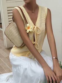 Livesso Women's Autumn Pale Yellow Front Design Lace-Up Tie-Front Cardigan Camisole Knit Top, Casual French Romantic Boho Cute Vacation Beach Style Open Front - Yellow - View 8