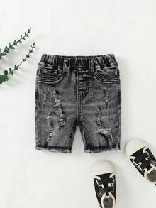 SHEIN 男婴休闲柔软可爱破洞毛边牛仔短裤，夏季款 - 灰色 - 查看 7