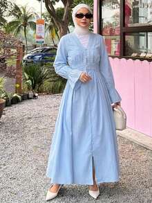 DAZY Women's Elegant Lace Patchwork Textured V-Neck Mid-Length Dress, Spring/Summer - Blue - View 5