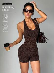 SHEIN Dewbera Đồ liền thân thể thao nữ không đường may, họa tiết da báo, cổ yếm quyến rũ - Cà phê nâu - Xem 1