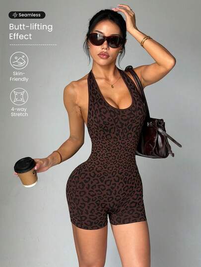 SHEIN Dewbera Đồ liền thân thể thao nữ không đường may, họa tiết da báo, cổ yếm quyến rũ