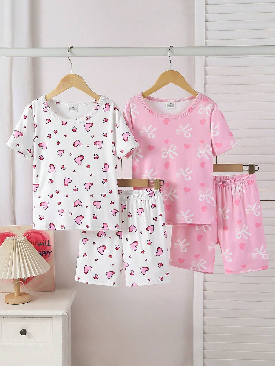 4pcs Girls Elastic Knit Short Sleeve Shorts Pajama Set With Bow & Heart Decor, Comfortable & Soft, Best Gift For Teenage Girls - Dusty Pink - View 1