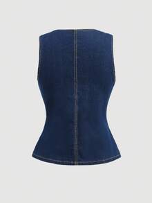 SHEIN MOD 大码女式夏季休闲日常通勤单排扣修身牛仔衬衫 - 藍色 - 查看 2