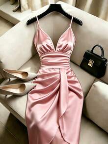 EMERY ROSE Women's Dusty Pink Summer Seductive Tropical Cocktail Satin Shiny Fabric Spaghetti Strap Bodycon Midi Dress,Ruffle Asymmetric Hem Party Formal Outfit - Baby Pink - View 1