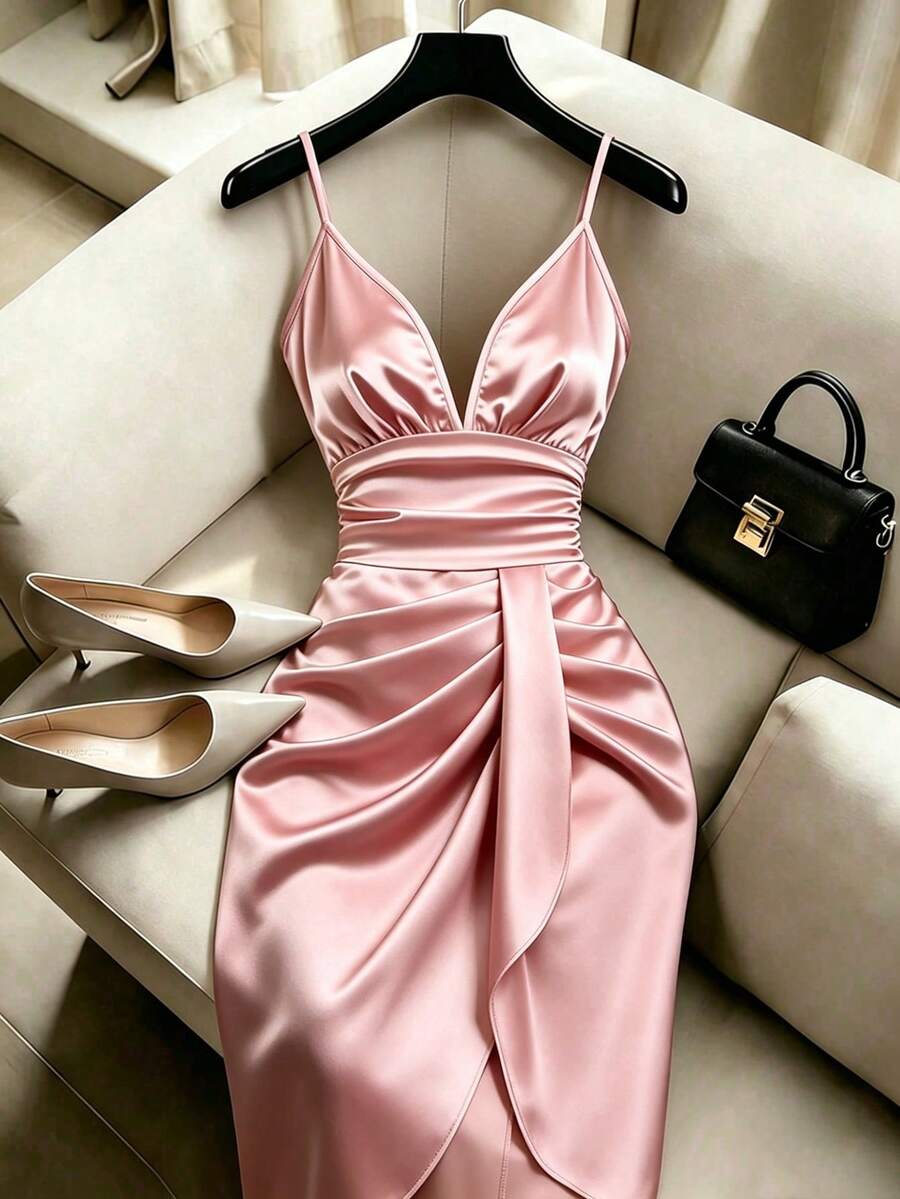 EMERY ROSE Women's Dusty Pink Summer Seductive Tropical Cocktail Satin Shiny Fabric Spaghetti Strap Bodycon Midi Dress,Ruffle Asymmetric Hem Party Formal Outfit - Baby Pink - View 1