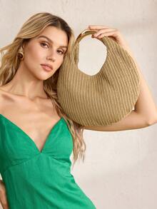 MOTF Bolso de mano tejido de mujer en color caqui, con asa de herrajes exquisitos, bolso redondo simple y ligero para ir al trabajo, adecuado para vacaciones de verano, viajes, ocio, playa, , combinable - Caqui - Ver 6