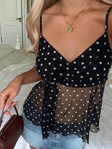 CovetEZ 女士黑色波点扭结休闲百搭约会之夜吊带背心，夏季上衣 - 黑色 - 查看 3