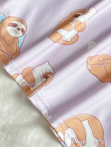 Girls' Elegant Purple Base Cute Sloth Print Long Sleeve Nightgown Loungewear - Purple - View 7