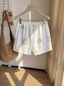 Comfortcana Plus Size Women Summer Casual Drawstring Waist Embroidered Shorts - White - View 2