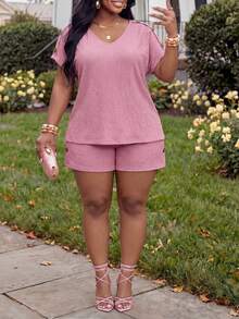 Veslaya Plus Size Women Solid Color Short Sleeve Top And Shorts Casual Daily Outfit - Pink - View 7