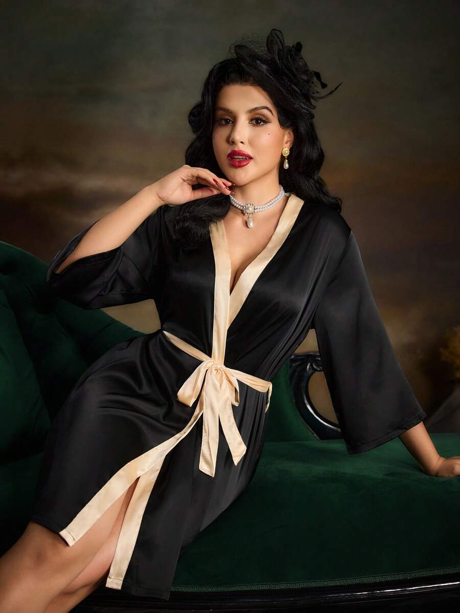 PinupPomp Bata elegante con cinturón y ribete de contraste para mujer, adecuada para primavera y otoño - Negro - Ver 1