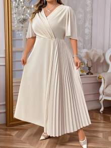 SHEIN CURVE+ Đầm dự tiệc thanh lịch cổ chữ V xếp ly eo dành cho nữ cỡ lớn, đầm cưới thanh lịch, đầm nhẹ. - Màu be - Xem 8
