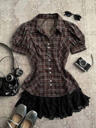 Attitoon Women's Casual Plaid Print Bubble Short Sleeve Shirt, Suitable For Daily Commute In Summer,Summer Outfit For Women,Winter Outfit For Women,Festival Outfits For Women,Party ,Wedding ,Beach,Graduation, Prom,Birthday,Elegant,Casual Outfit For Women,Vacation Outfits Women ,Y2K,Women's Country Clothing,Work Outfits For Women,Vintage,Plaid Blouse