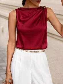 Editum Women's Regular Pleated Satin Sleeveless Blouse,Summer Top - Burgundy - View 6