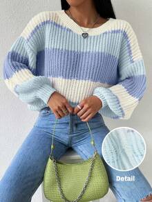SHEIN Colorblock Rib-Knit Drop Shoulder Sweater,Long Sleeve Tops Knit Pullover Fall Winter Sweater - Baby Blue - View 1