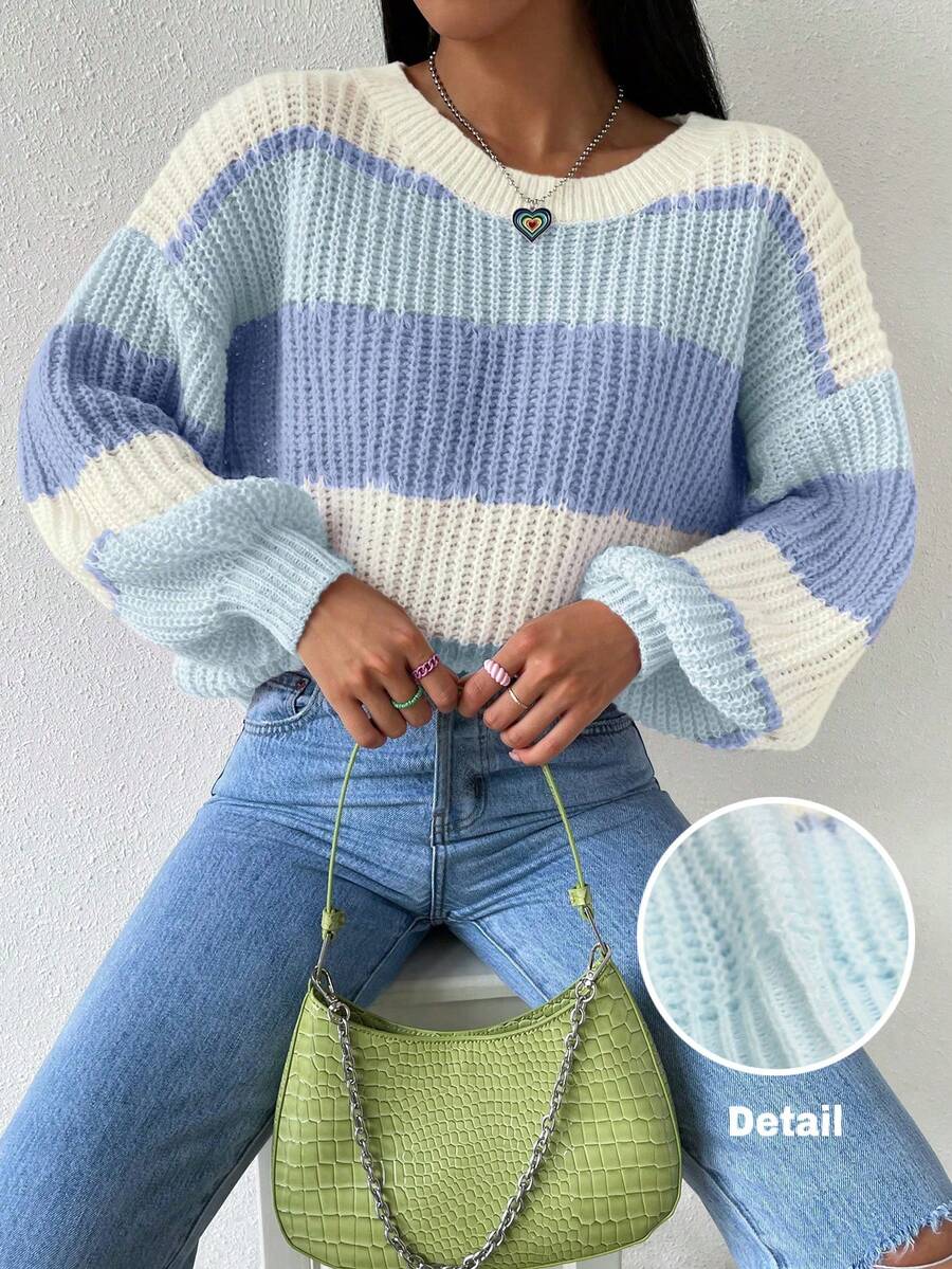 SHEIN Colorblock Rib-Knit Drop Shoulder Sweater,Long Sleeve Tops Knit Pullover Fall Winter Sweater - Baby Blue - View 1