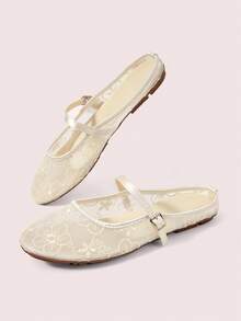 CUCCOO DOLLMOD Women's Shoes, Beige, Round Toe Dew Heel Closed Toe Sandals, Flower Embroidered Mesh Yarn, Sweet And Cute, Comfortable, Soft And Breathable - Little flower - apricot - View 3
