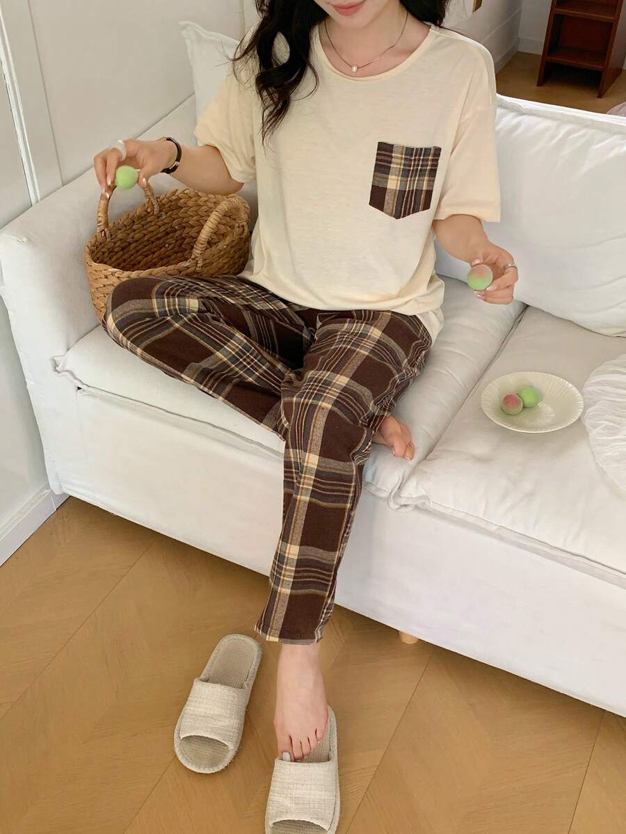 2件套少女休闲宽松落肩上衣和复古格子裤家居服套装 - 杏色 - 查看 1