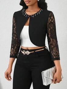 SHEIN Lady Women's Elegant Lace Patchwork Sheer Long Sleeve Lightweight Cropped Jacket With Faux Pearl Decor, Suitable For Spring, Summer And Autumn, Versatile For Work And Commute - Black - View 1