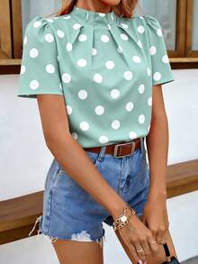 EMERY ROSE Women's Green Polka Dot Print Ruched Collar Short Sleeve Blouse, Spring/Summer Office Elegant - Cadet Blue - View 4