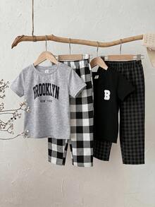 SHEIN 2pcs/Set Young Boy Soft Casual Outfit,Letter Print Round Neck Short Sleeve T-Shirt & Plaid Loose Pants,Back-To-School Summer Career Day Loungewear - Multicolor - View 6