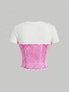 SHEIN MOD 女士休闲修身弹力牛仔短袖拼接上衣 - 粉色 - 查看 2