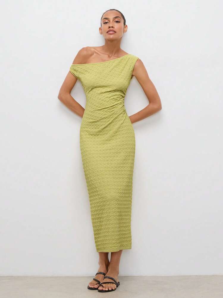 SHEIN Maija Women's Ruched Asymmetrical Shoulder Midi Dress,Olive Green Chic Minimalist Fashionable For Dates Brunch,Parties,,Summer Vacation Outfits