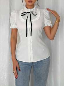 Rafferiza Ruffle Elastic Cuff Bowknot Blouse - White - View 6