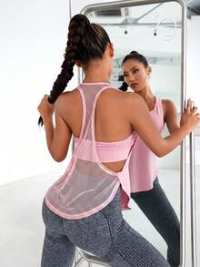Powerista Solid Color Hollow Splice Racerback Sports Tank Top - Baby Pink - View 8