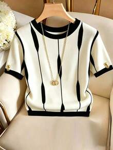 SHEIN Franclia Áo thun nữ tay ngắn cổ tròn phối màu tương phản, kiểu dáng thường ngày, đa năng. - Màu be - Xem 1