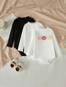SHEIN LMoss Kids LMoss 3件組新生女嬰舒適針織純色荷葉邊連身衣套裝，秋季黑白休閒款 - 白色 - 查看 7